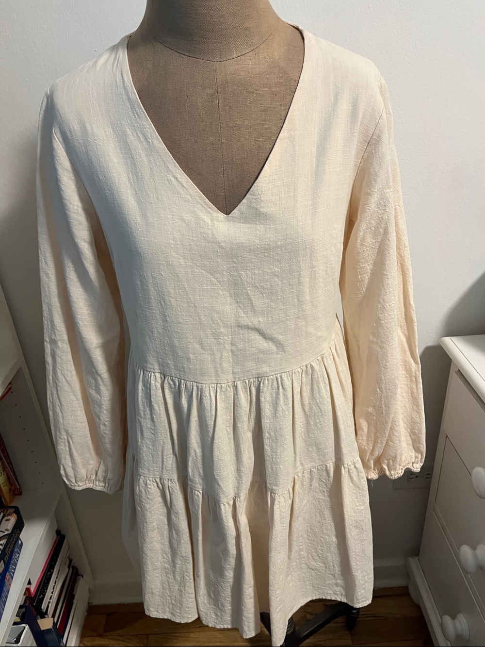 Women's Cream V-Neck Tiered Babydoll Mini Dress